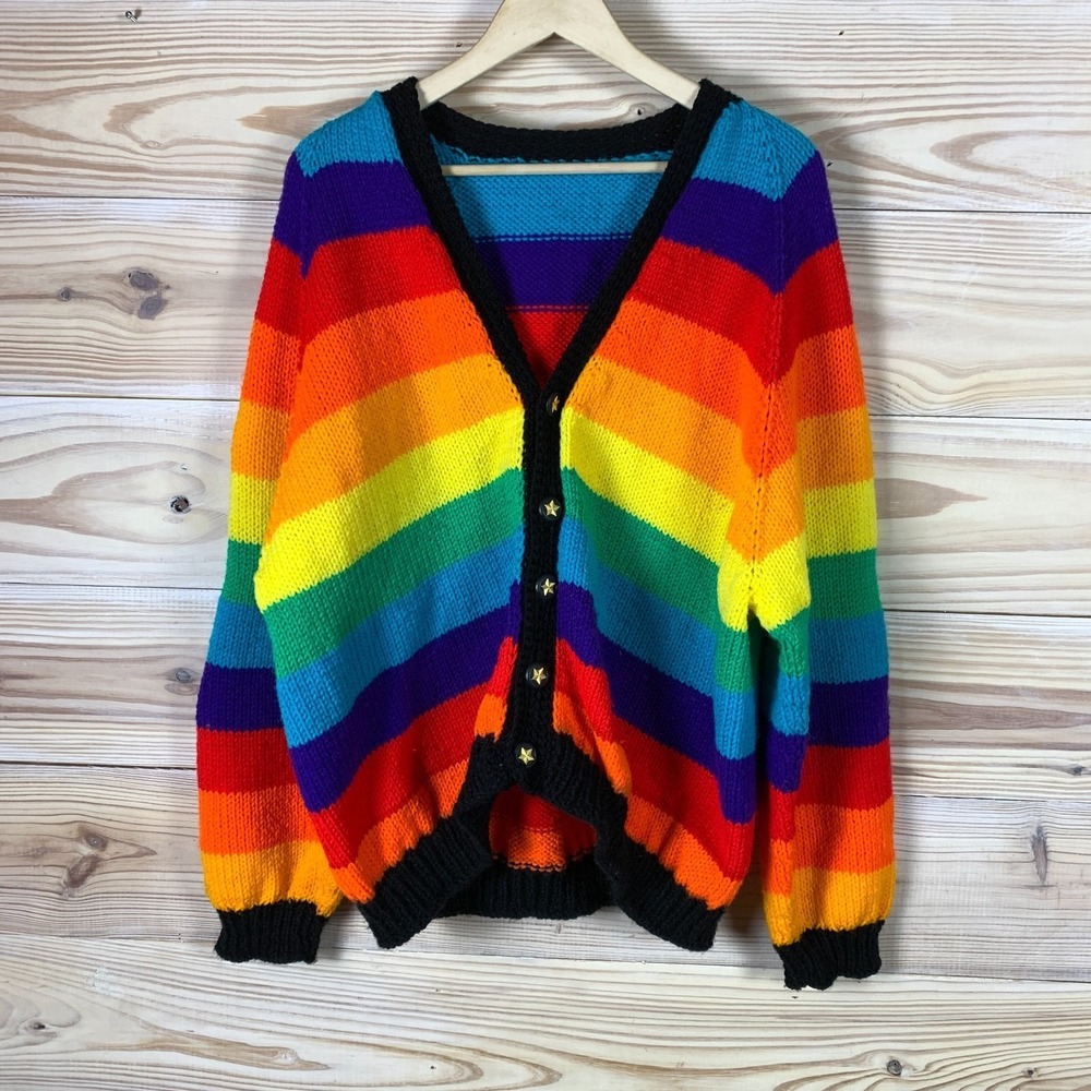 Rainbow Handknit Cardigan Sweater L Oversized Chunky Pride Classic Wide Striped